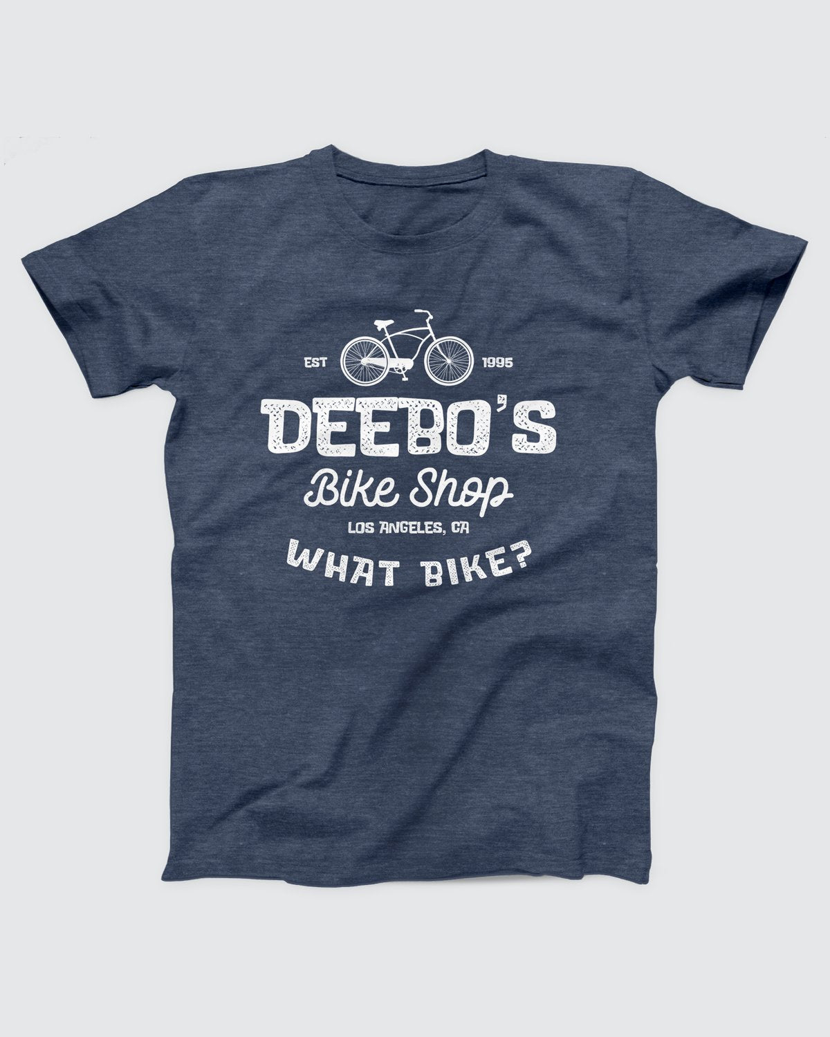 Deebo's Bike Shop T-Shirt, flat lay on grey