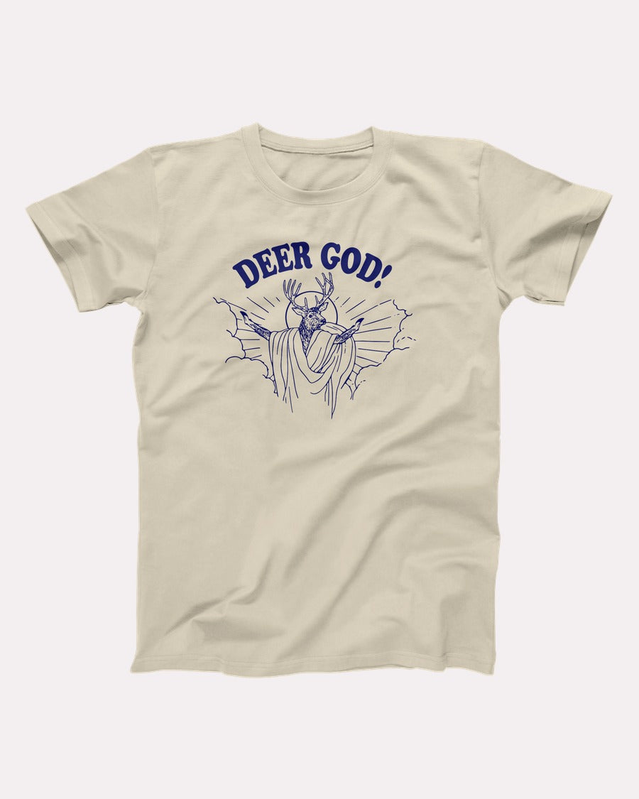 Deer God t-shirt in Soft Cream, flat lay on grey