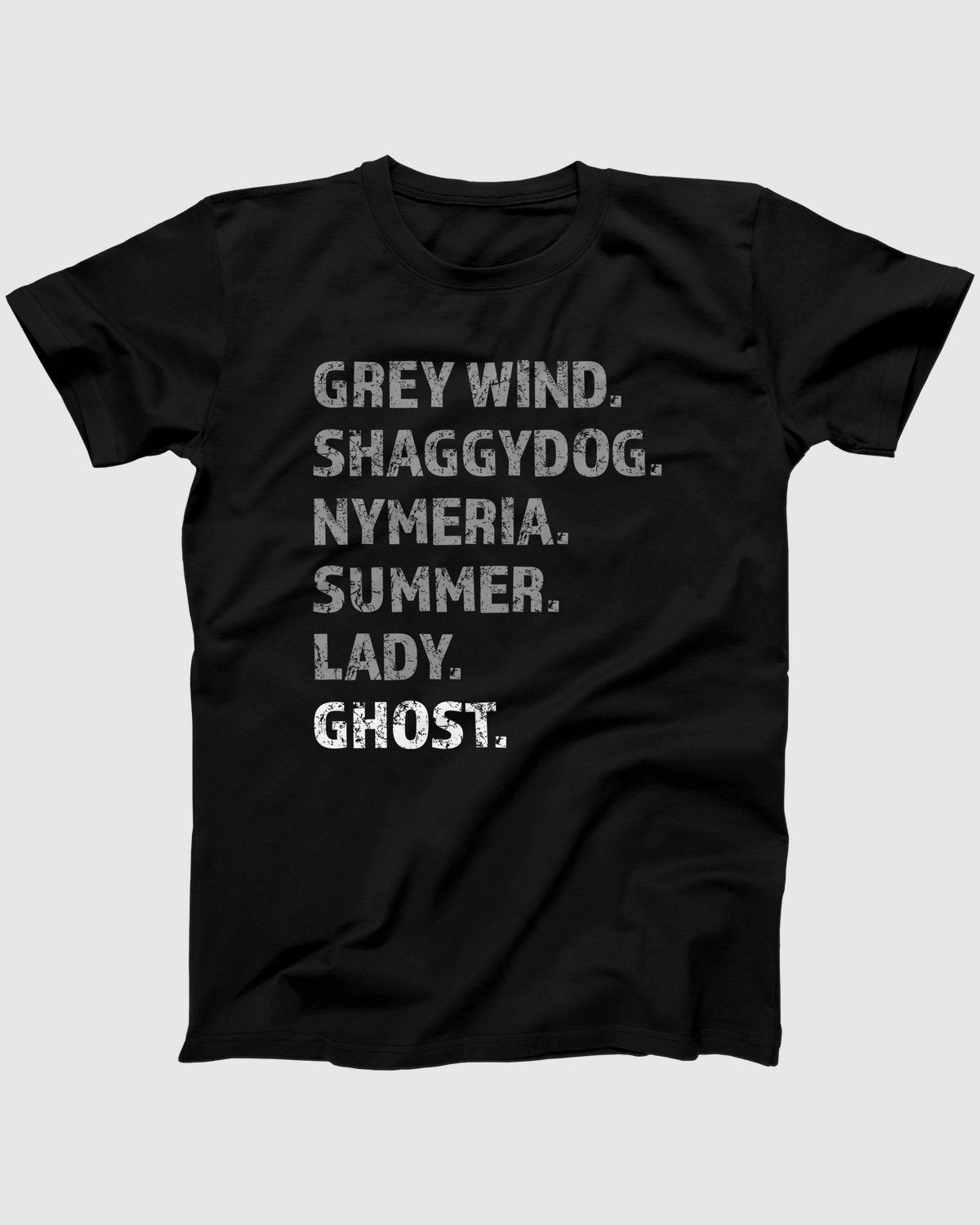 Stark Direwolves T-Shirt, flat lay on grey
