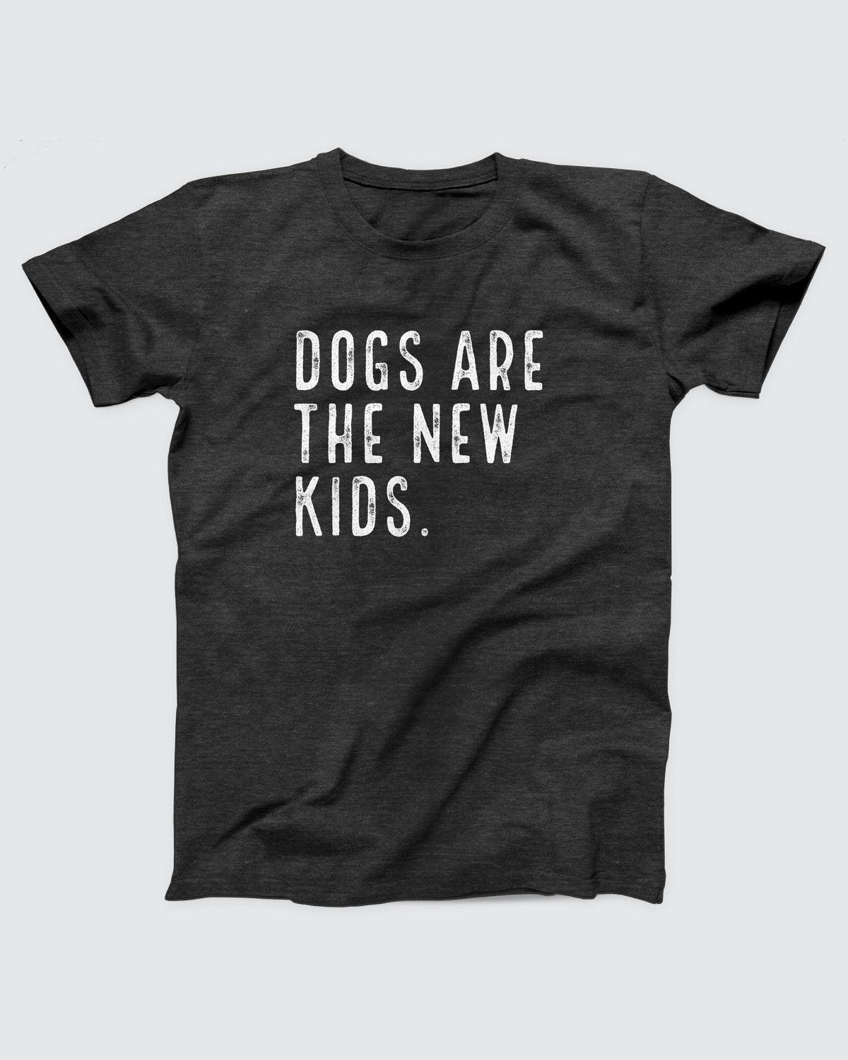 Dogs are the New Kids t-shirt in Dark Grey Heather, flat lay on grey