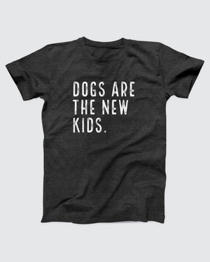 Dogs are the New Kids t-shirt in Dark Grey Heather, flat lay on grey