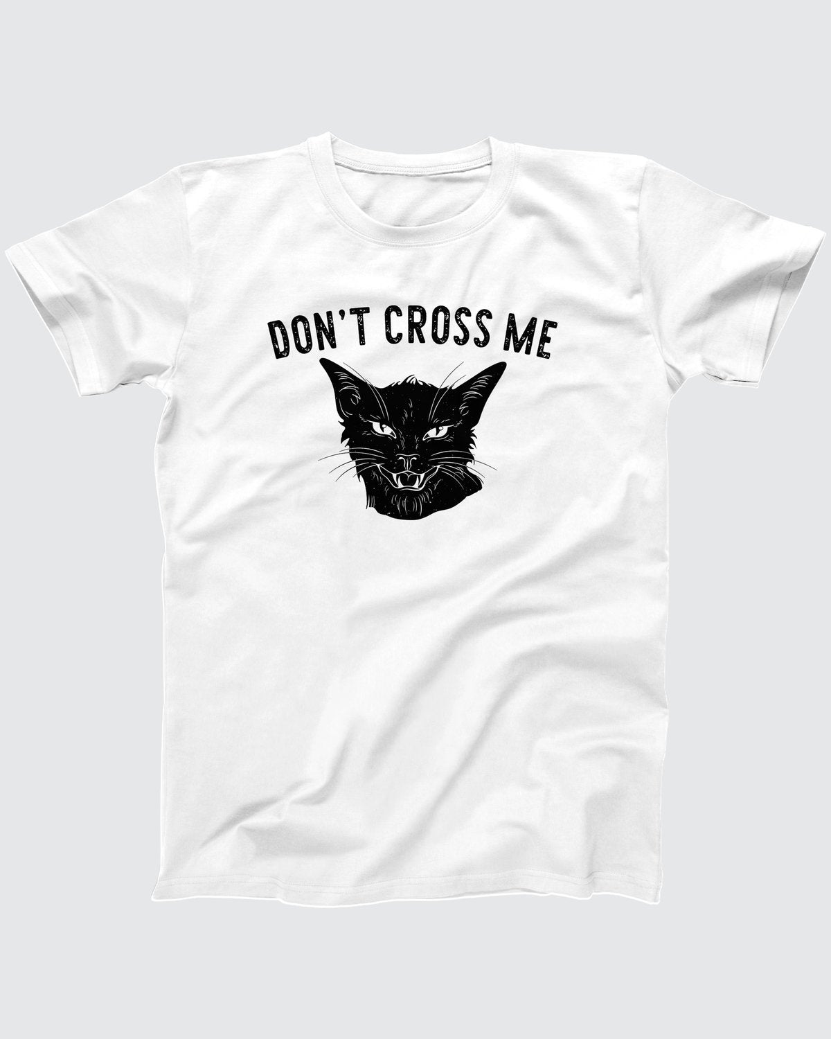 Don't Cross Me t-shirt in White, flat lay on grey