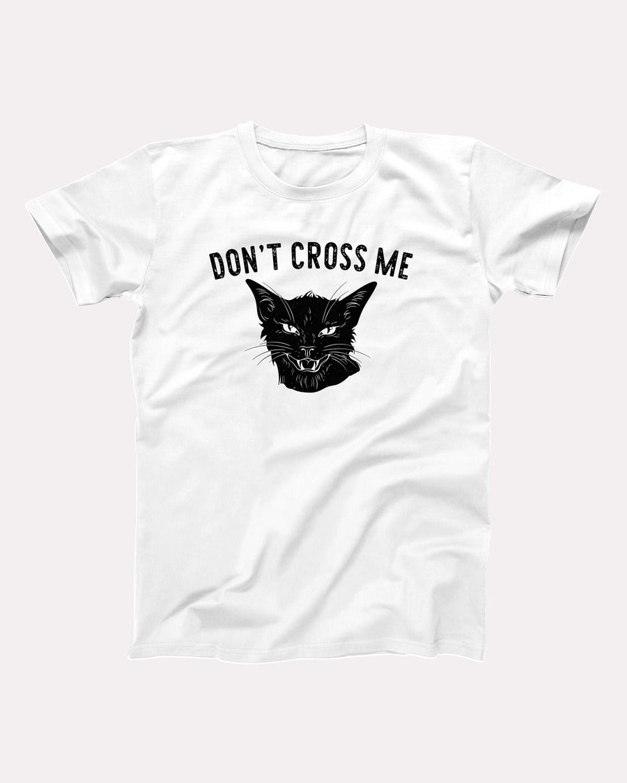 Don't Cross Me t-shirt in White, flat lay on grey