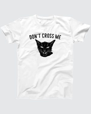 Don't Cross Me t-shirt in White, flat lay on grey