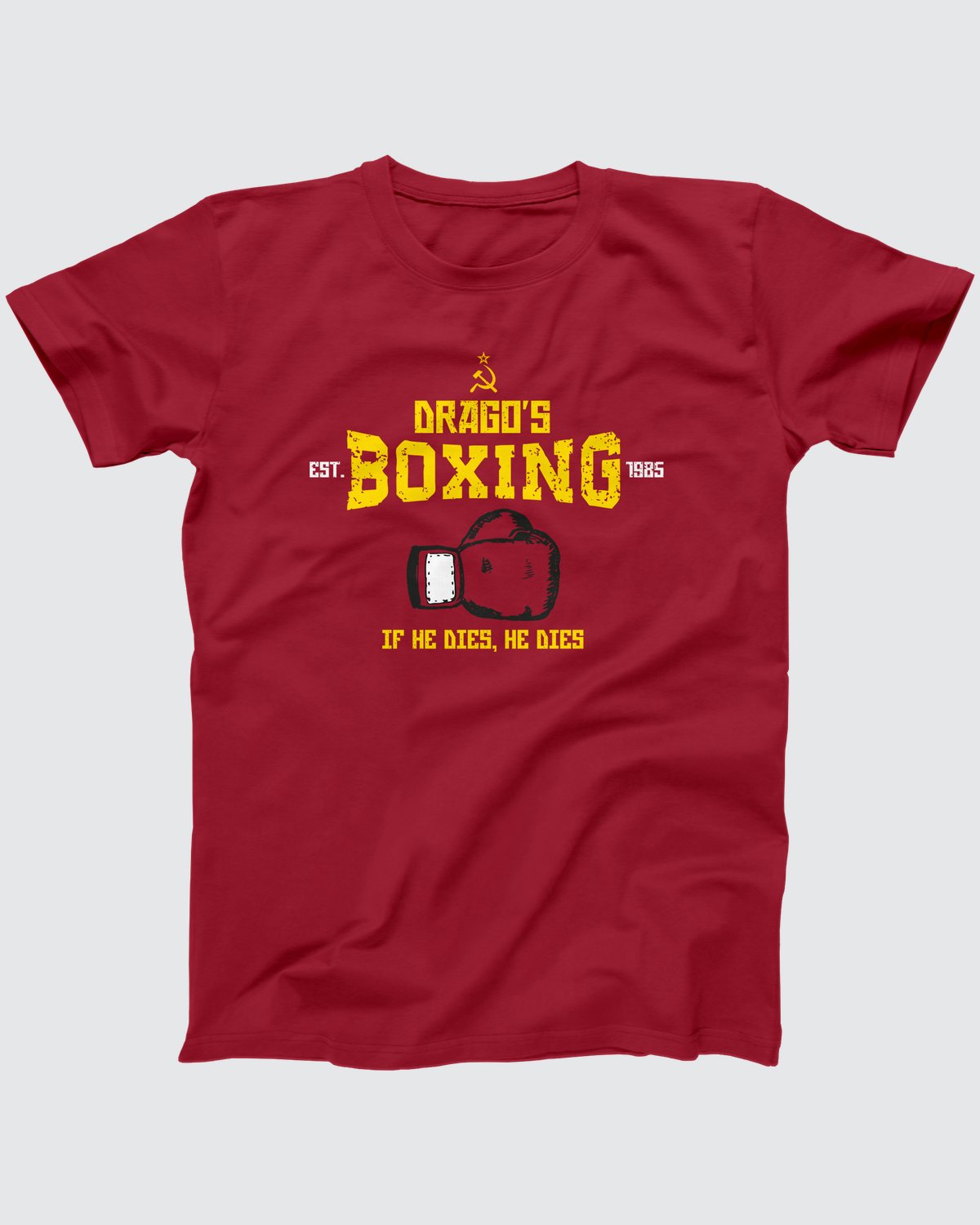 Drago's Boxing T-Shirt, flat lay on grey