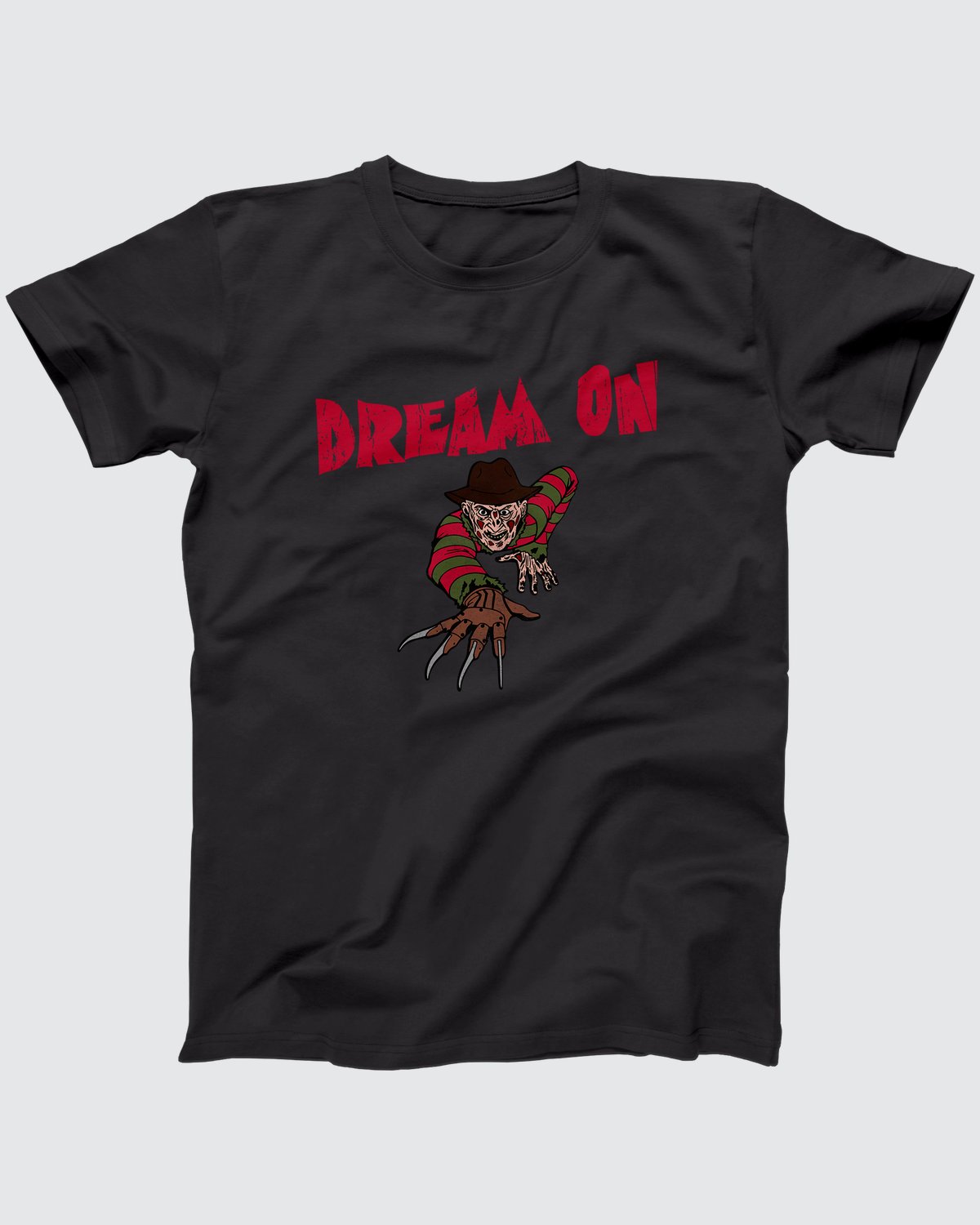 Freddy Krueger Dream On T-Shirt, flat lay on grey