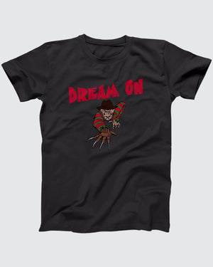 Freddy Krueger Dream On T-Shirt, flat lay on grey