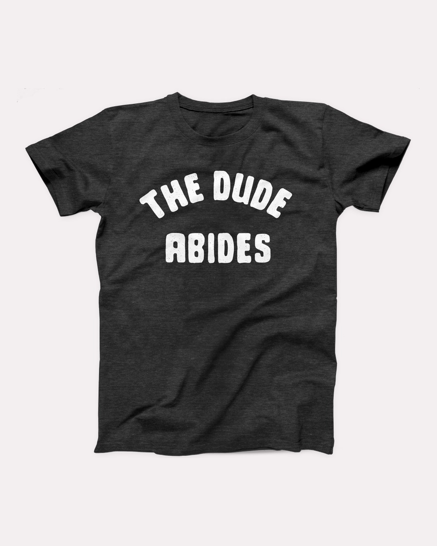 The Dude Abides T-Shirt, flat lay, Dark Grey Heather