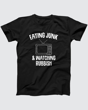 Eating Junk and Watching Rubbish T-Shirt, flat lay on grey