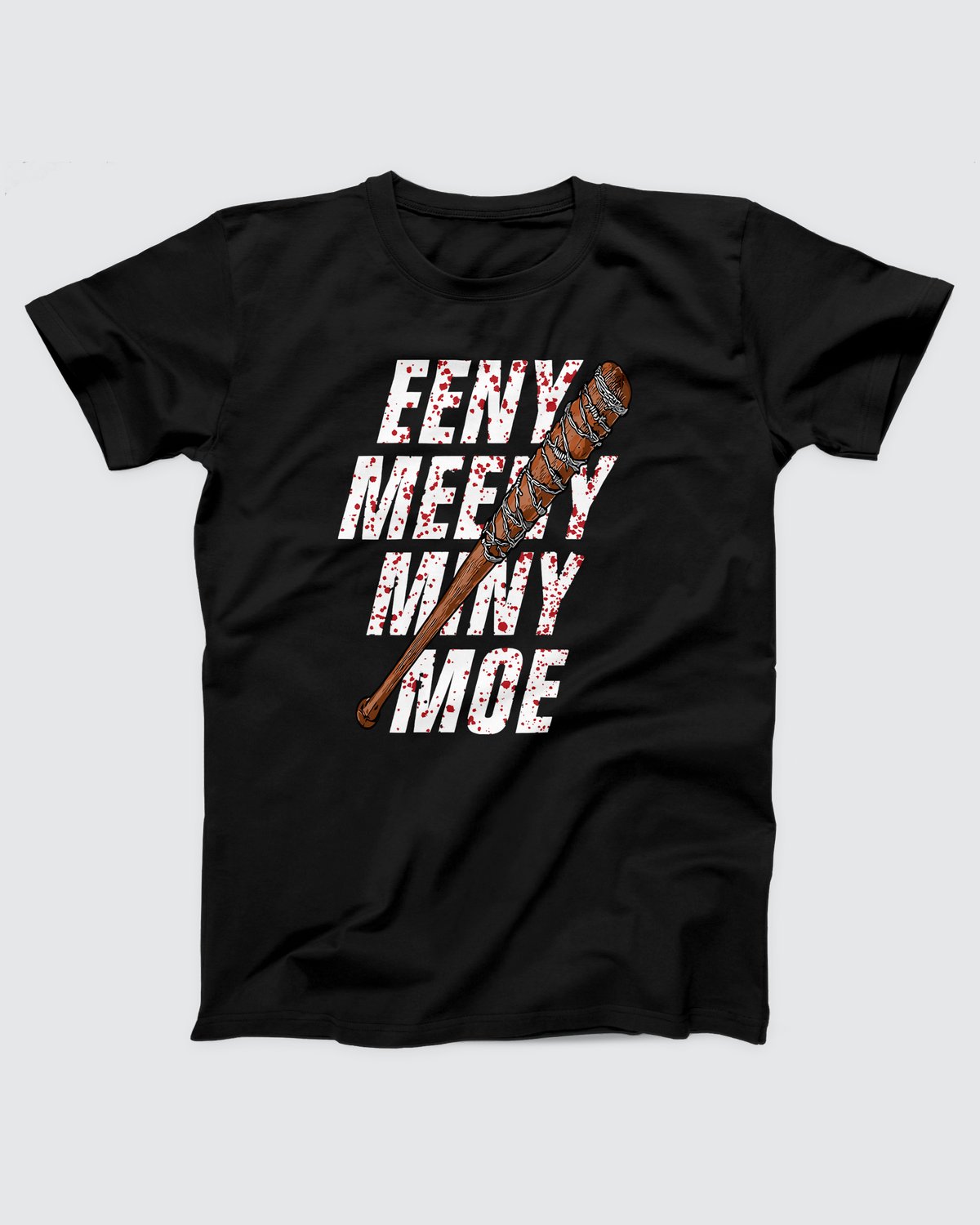 Eeny Meeny Miny Moe T-Shirt, flat lay on grey