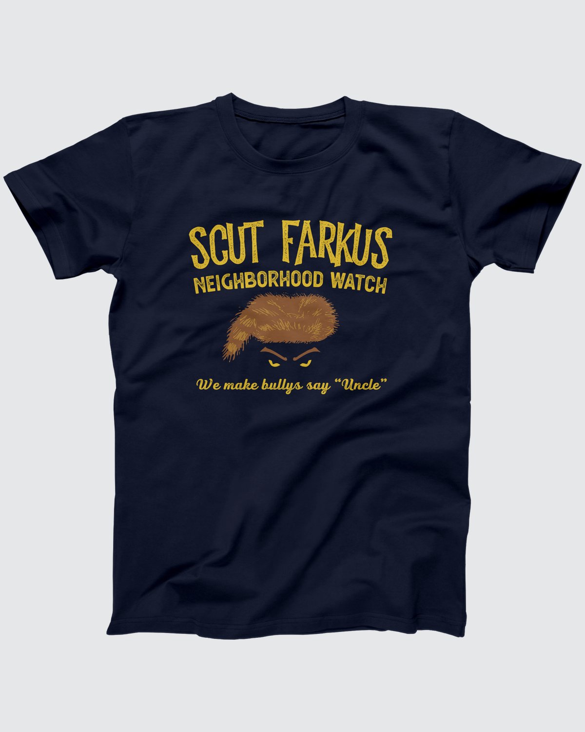 Scut Farkus Neighborhood Watch T-Shirt, flat lay on grey