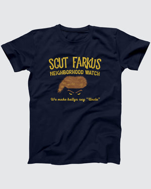 Scut Farkus Neighborhood Watch T-Shirt, flat lay on grey