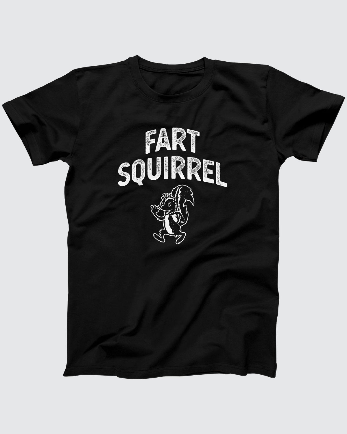 Fart Squirrel t-shirt in Black, flat lay on grey