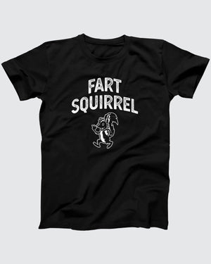 Fart Squirrel t-shirt in Black, flat lay on grey