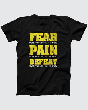 Fear Pain Defeat T-Shirt, flat lay on grey