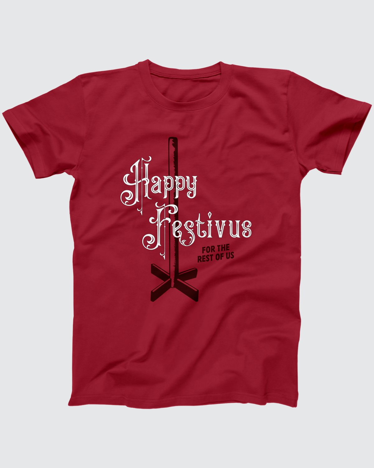 Happy Festivus For the Rest of Us Ugly Sweater, flat lay on grey