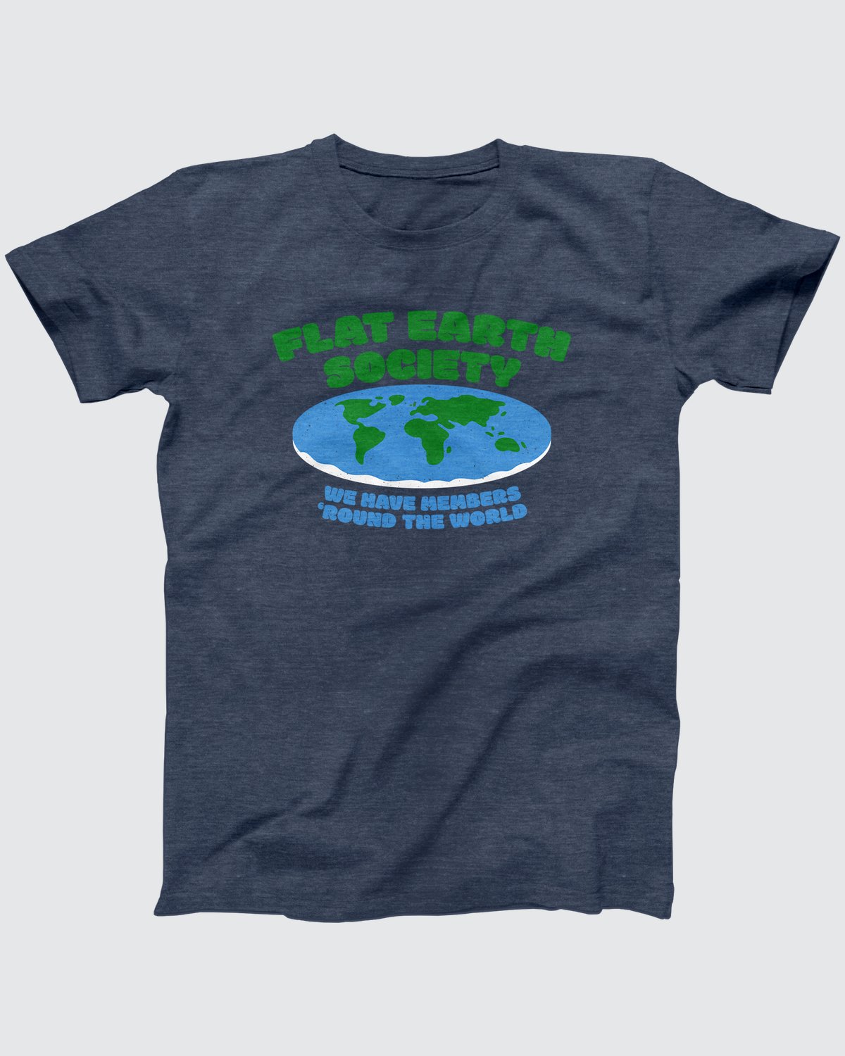 Flat Earth Society t-shirt in Heather Navy, flat lay on grey