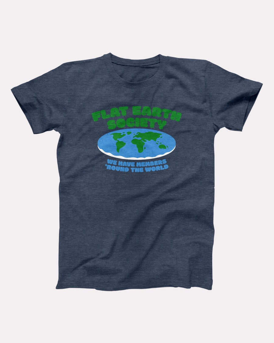 Flat Earth Society t-shirt in Heather Navy, flat lay on grey