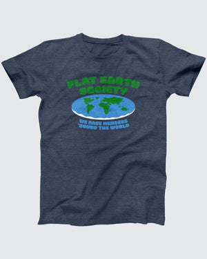 Flat Earth Society t-shirt in Heather Navy, flat lay on grey