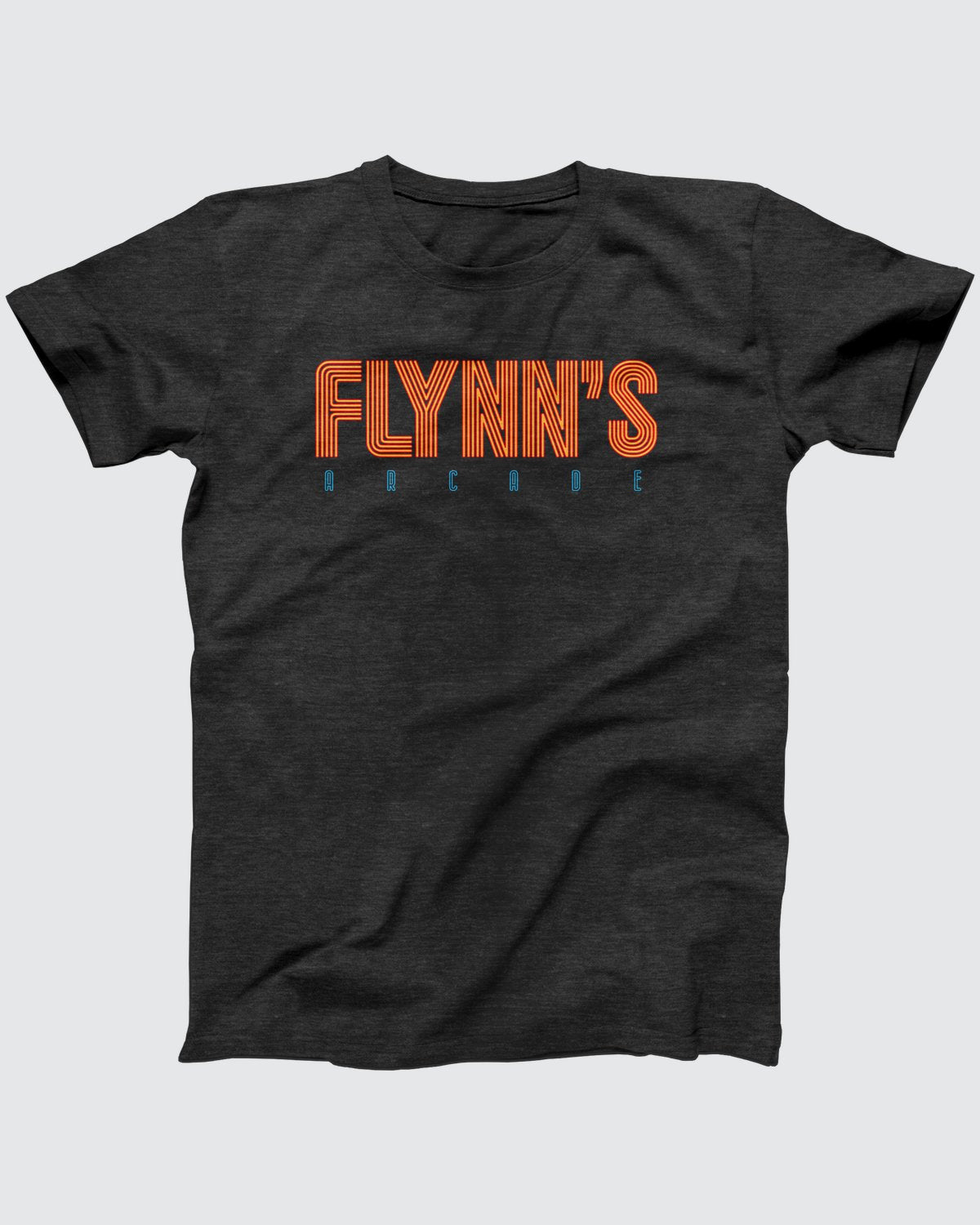 Flynn's Arcade t-shirt in Dark Grey Heather, flat lay on grey