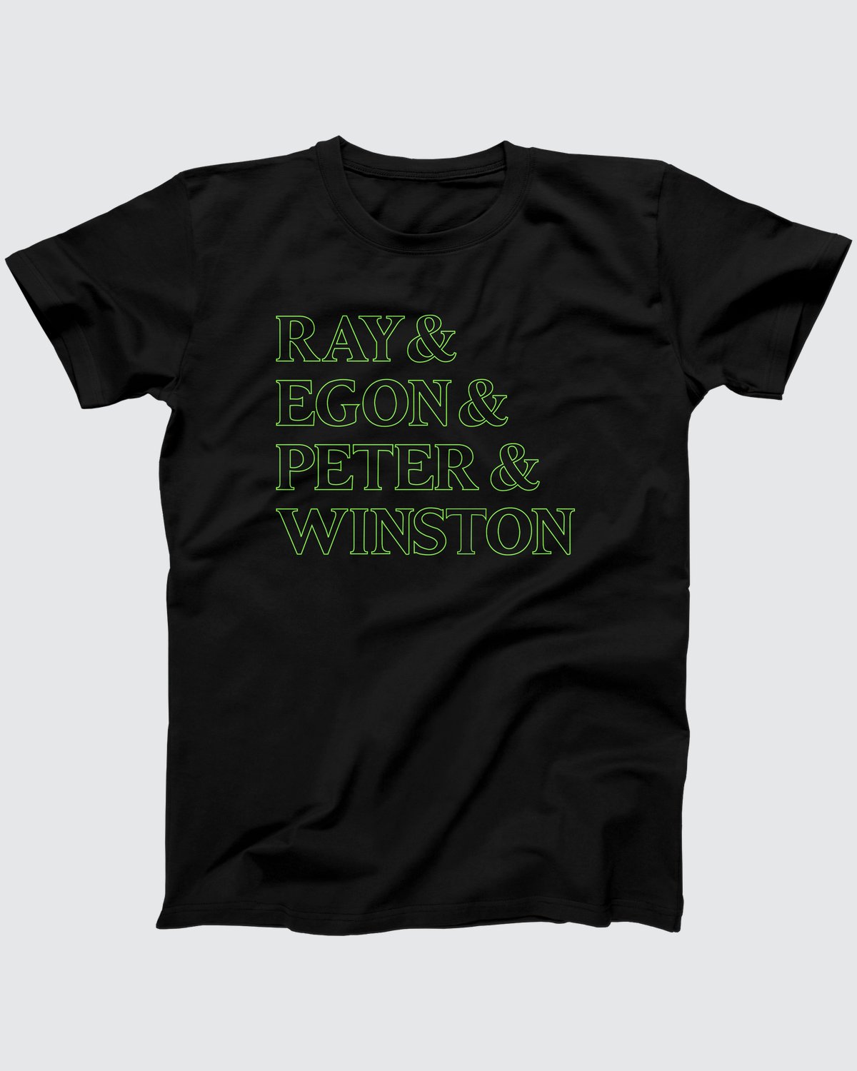Ghostbuster Names T-Shirt, flat lay on grey