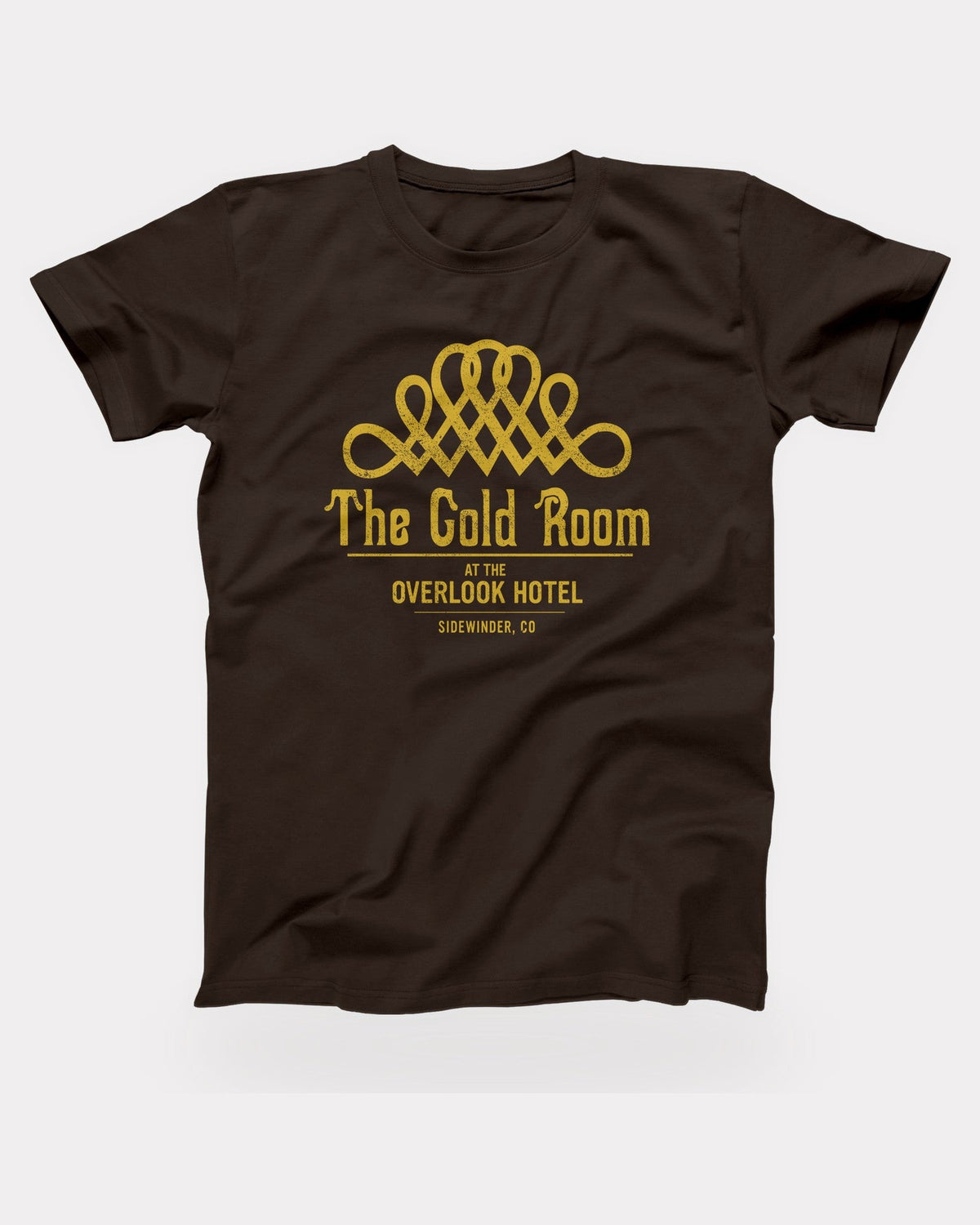The Gold Room T-Shirt in Brown, flat lay on grey