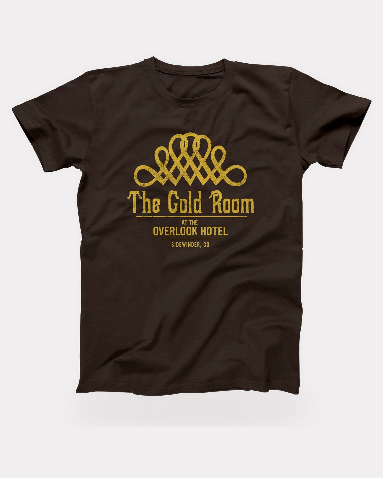 The Gold Room T-Shirt in Brown, flat lay on grey