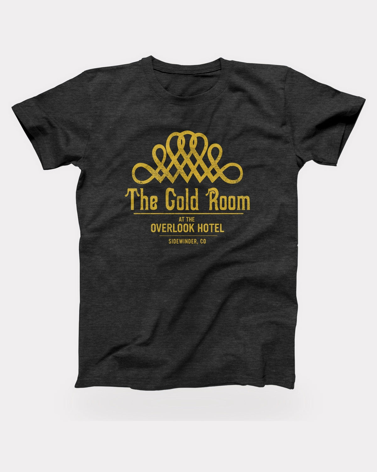 The Gold Room T-Shirt in Dark Grey Heather, flat lay on grey