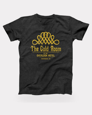 The Gold Room T-Shirt in Dark Grey Heather, flat lay on grey