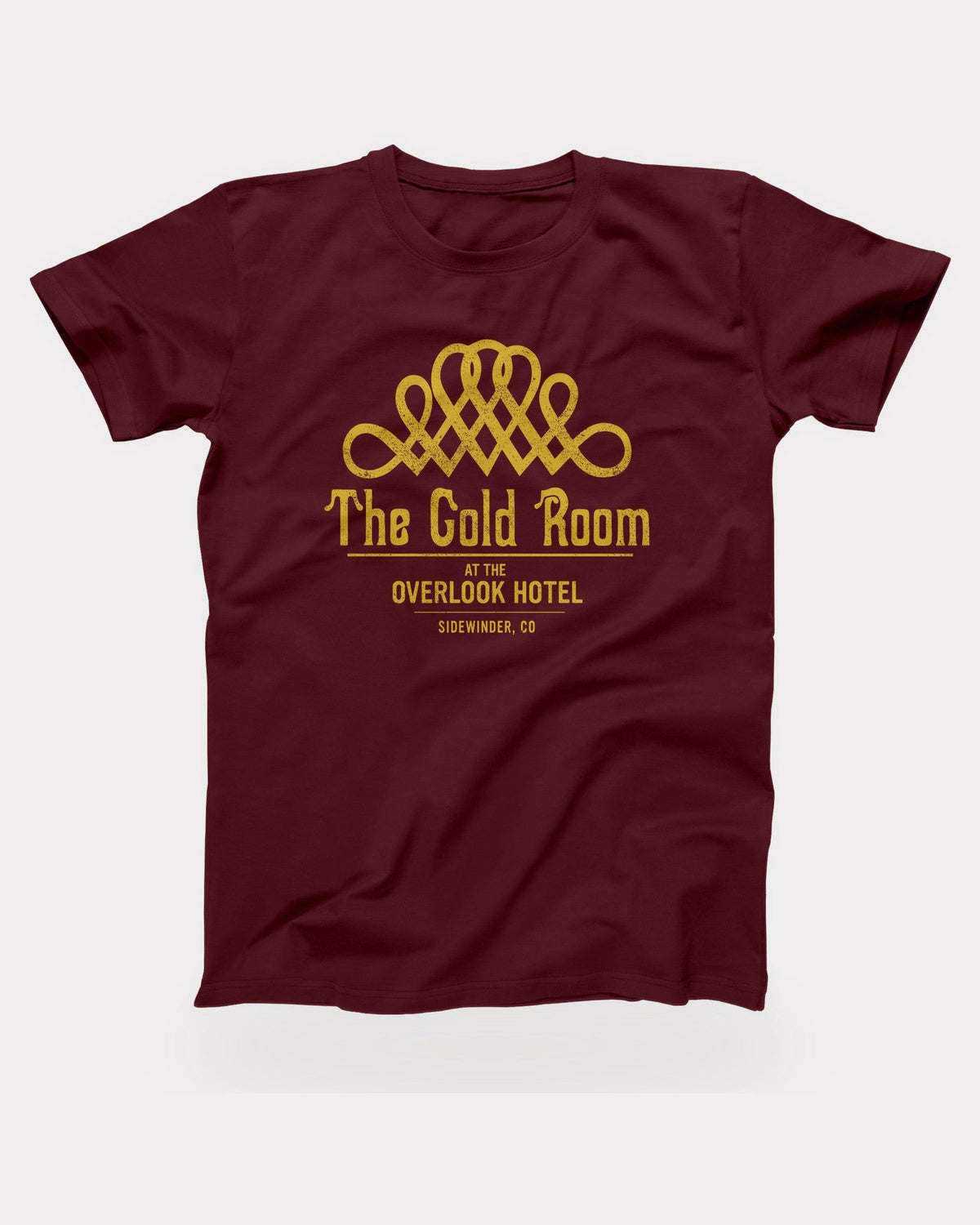 The Gold Room T-Shirt in Maroon, flat lay on grey