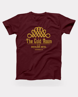 The Gold Room T-Shirt in Maroon, flat lay on grey