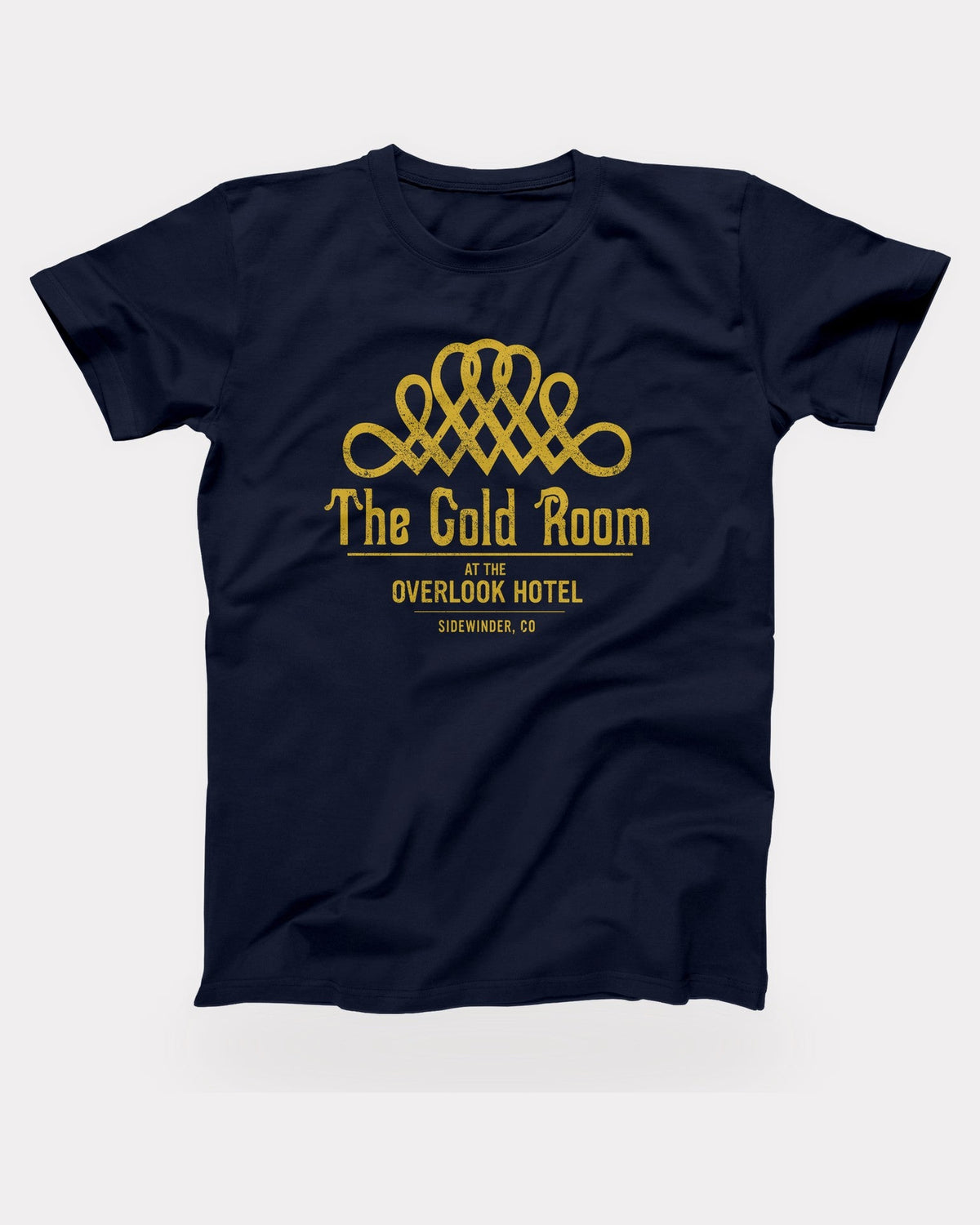 The Gold Room T-Shirt in Navy, flat lay on grey
