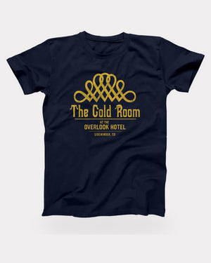 The Gold Room T-Shirt in Navy, flat lay on grey