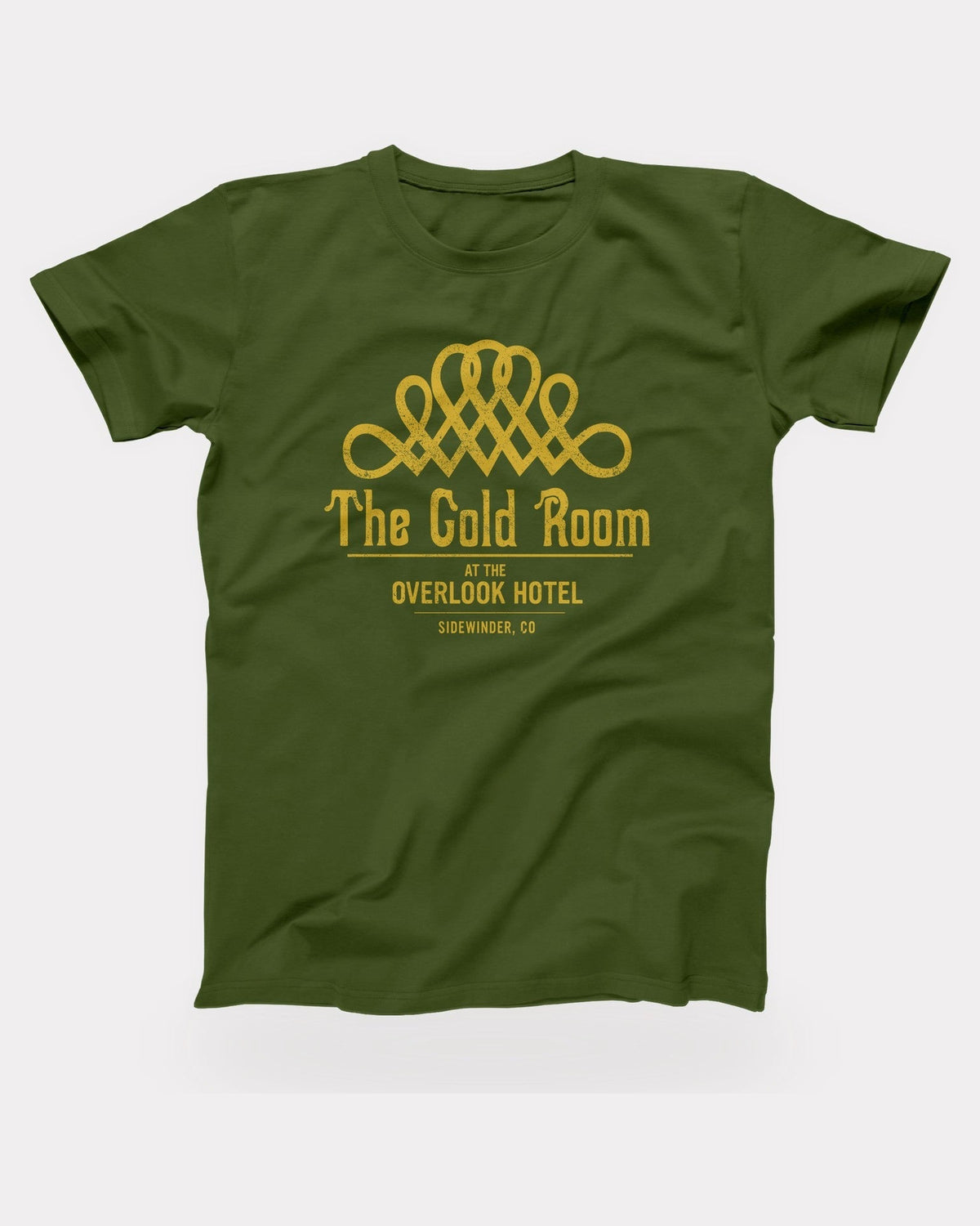 The Gold Room T-Shirt in Olive, flat lay on grey