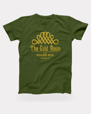 The Gold Room T-Shirt in Olive, flat lay on grey