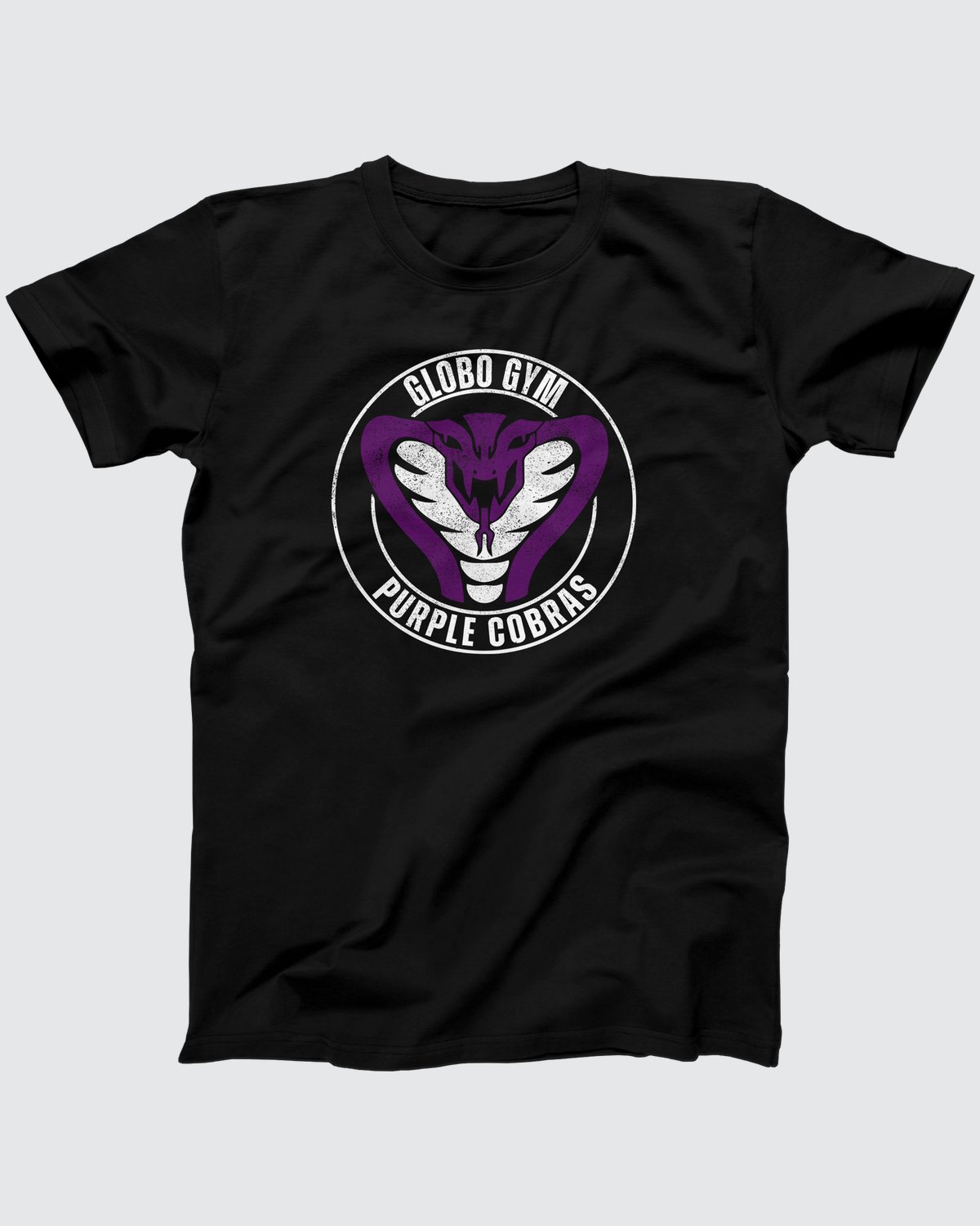 Globo Gym Purple Cobras T-Shirt, flat lay on grey