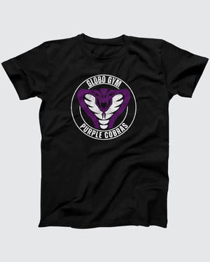 Globo Gym Purple Cobras T-Shirt, flat lay on grey