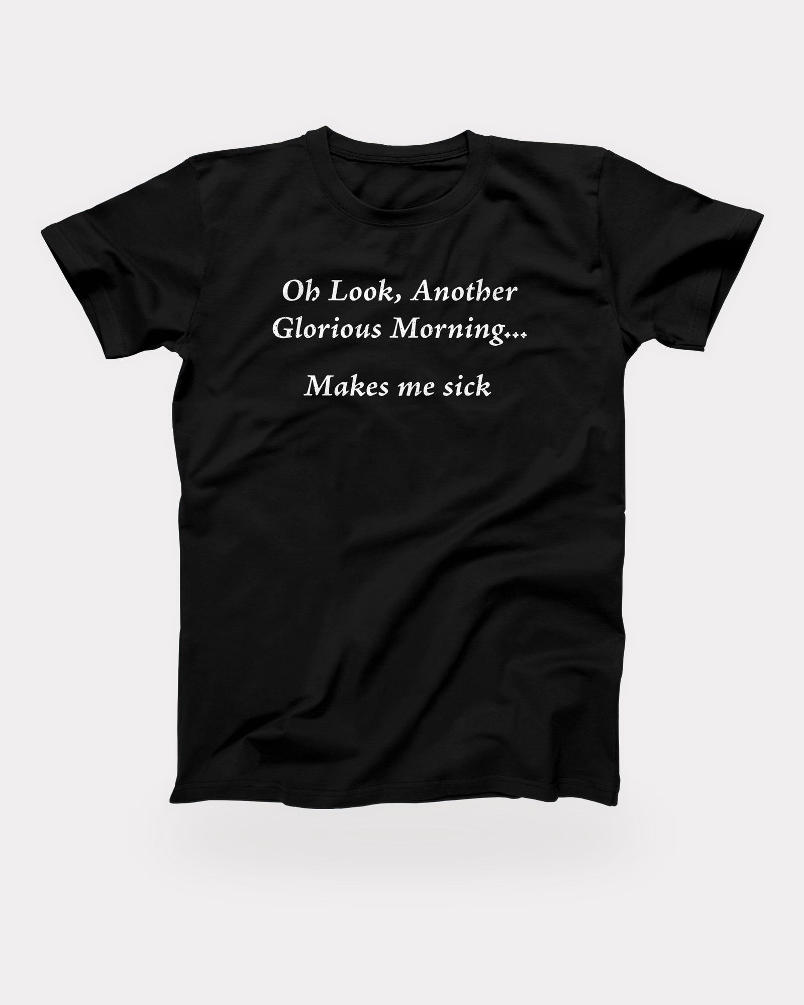 Another Glorious Morning T-Shirt in Black, flat lay on grey
