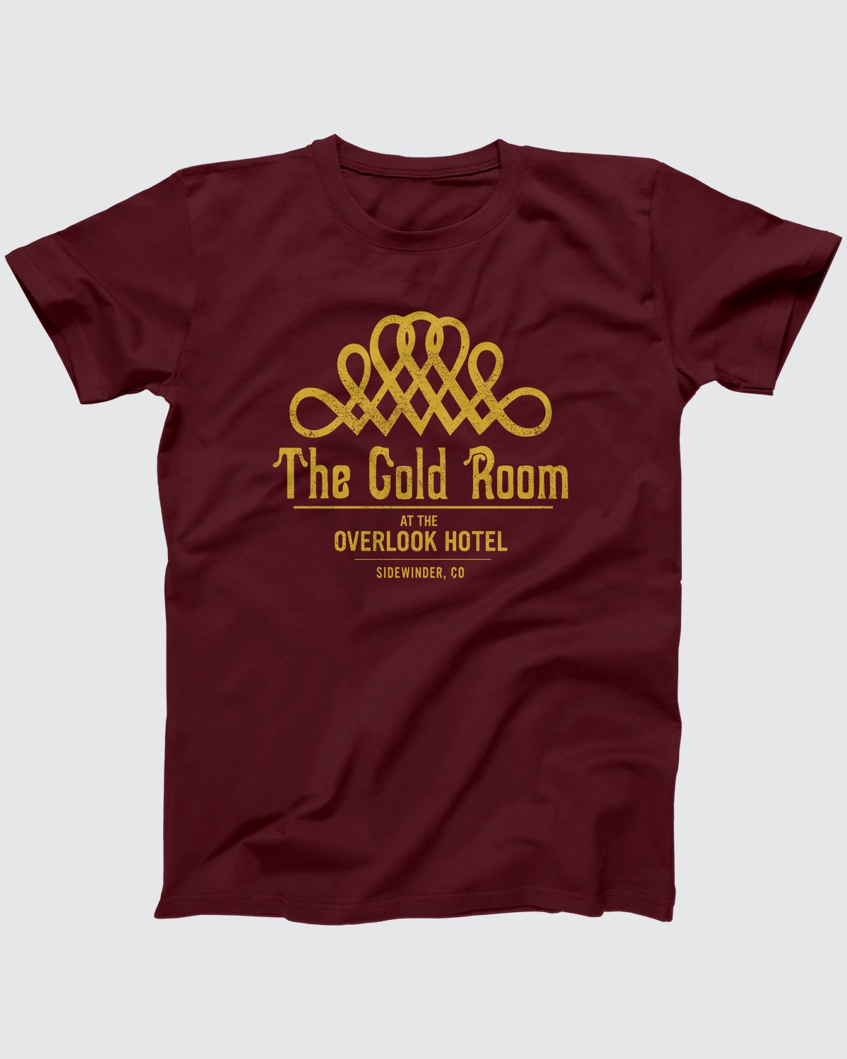 The Gold Room T-Shirt, flat lay on grey