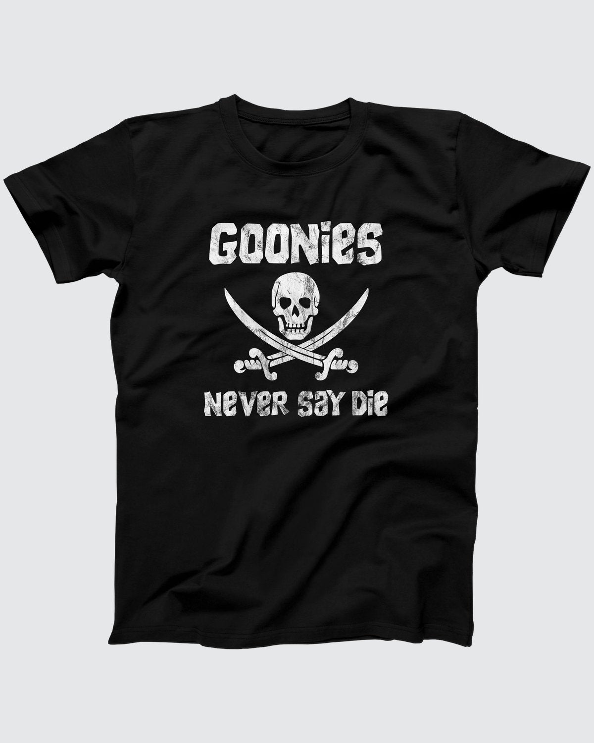 Goonies Never Say Die T-Shirt, flat lay on grey