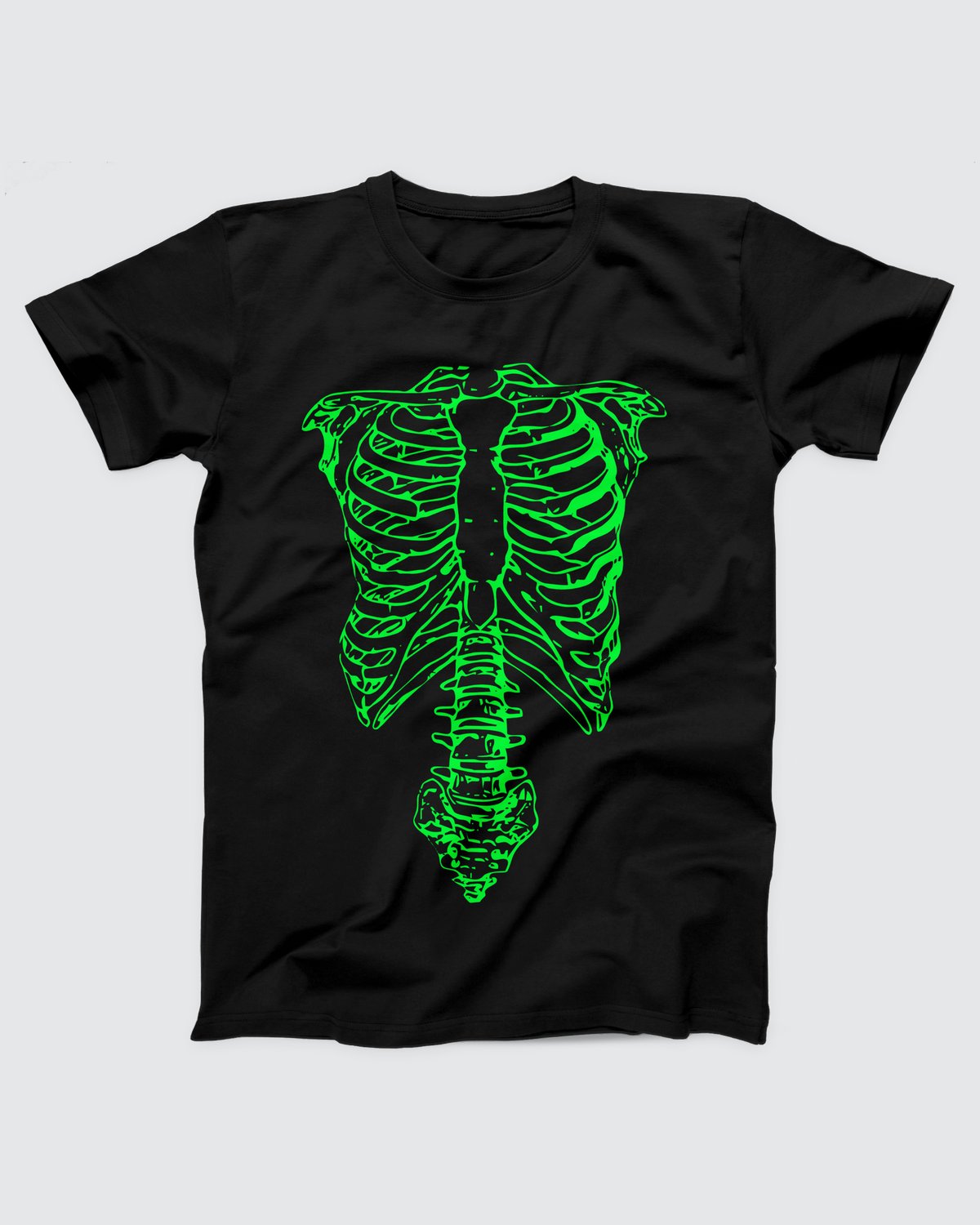 Spinal Glow Skeleton Ribcage T-Shirt, flat lay on grey