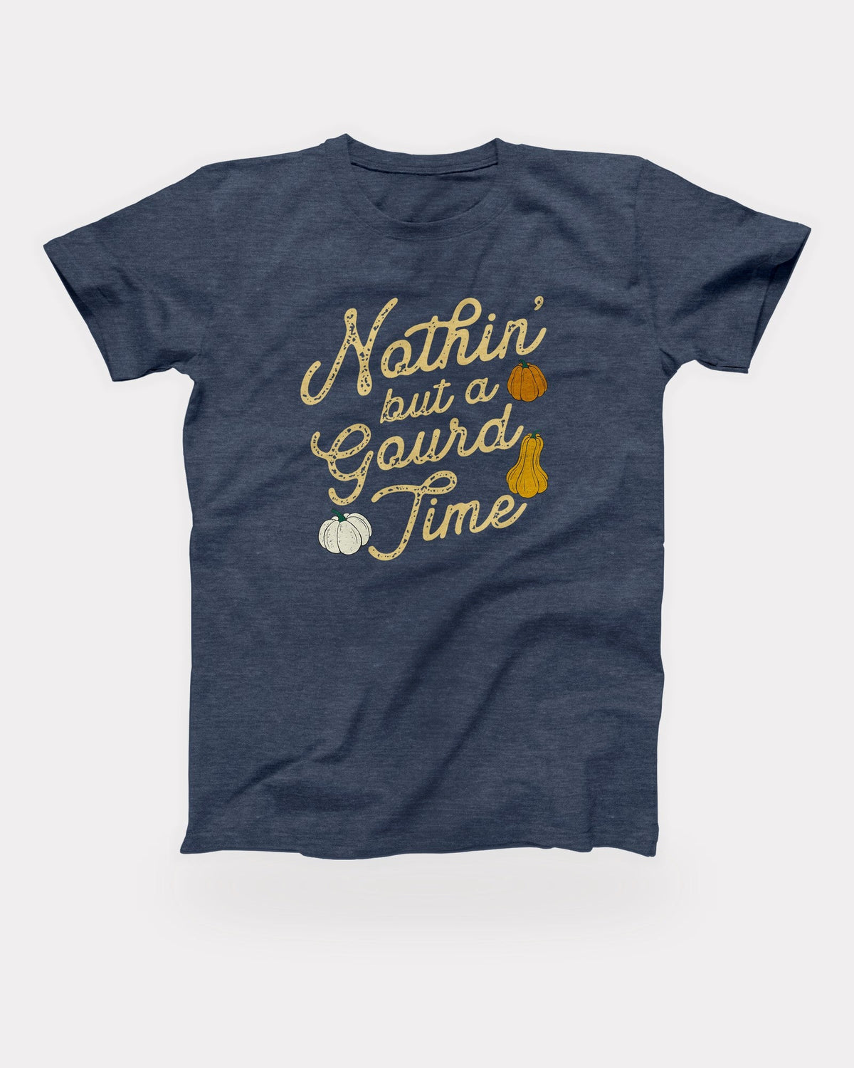 Nothin' But a Gourd Time T-Shirt in Heather Navy, flat lay on grey