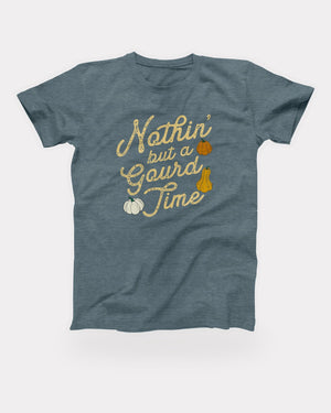 Nothin' But a Gourd Time T-Shirt in Heather Slate, flat lay on grey