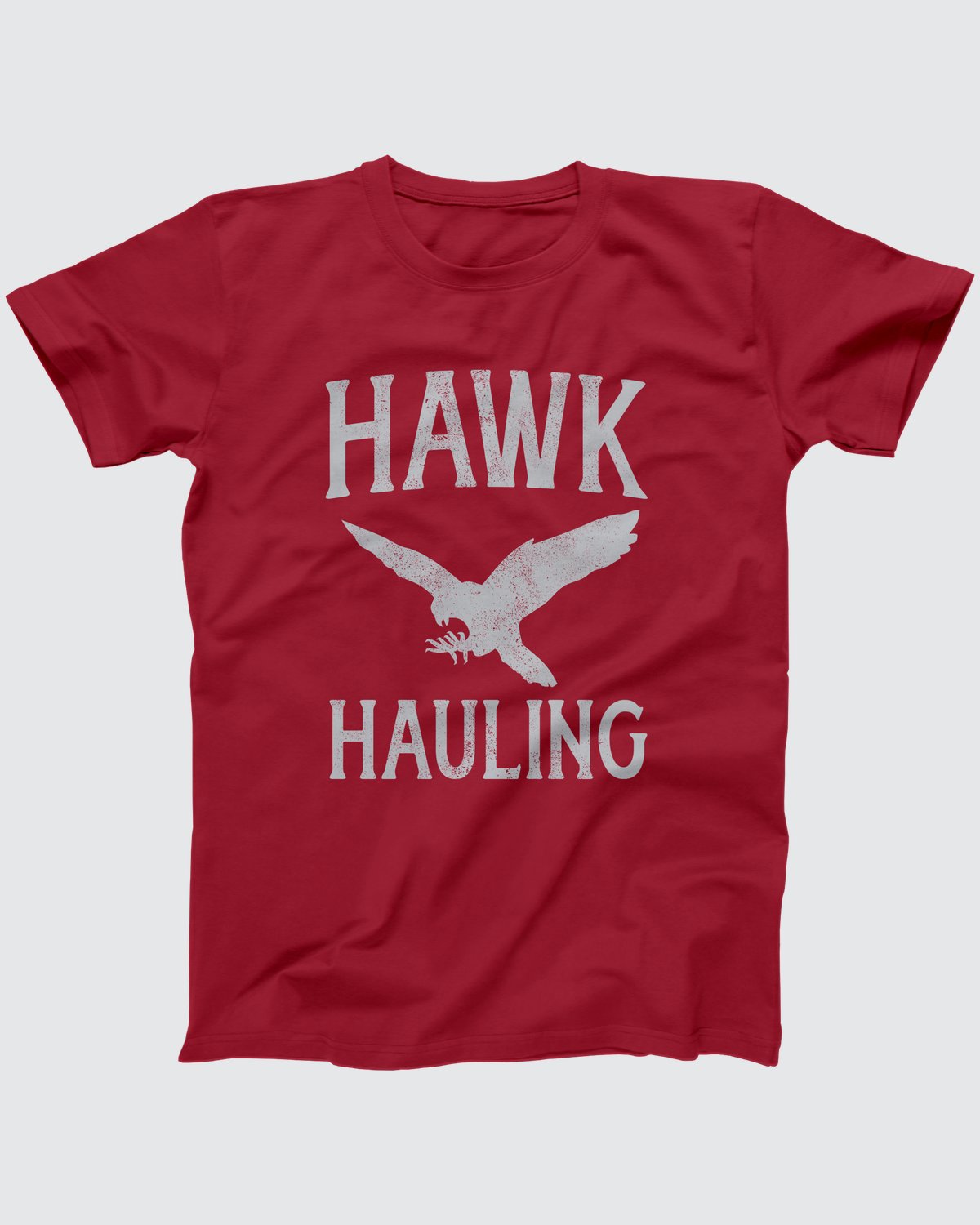 Hawk Hauling T-Shirt, flat lay on grey