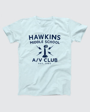 Hawkins Middle School A/V Club T-Shirt, flat lay on grey