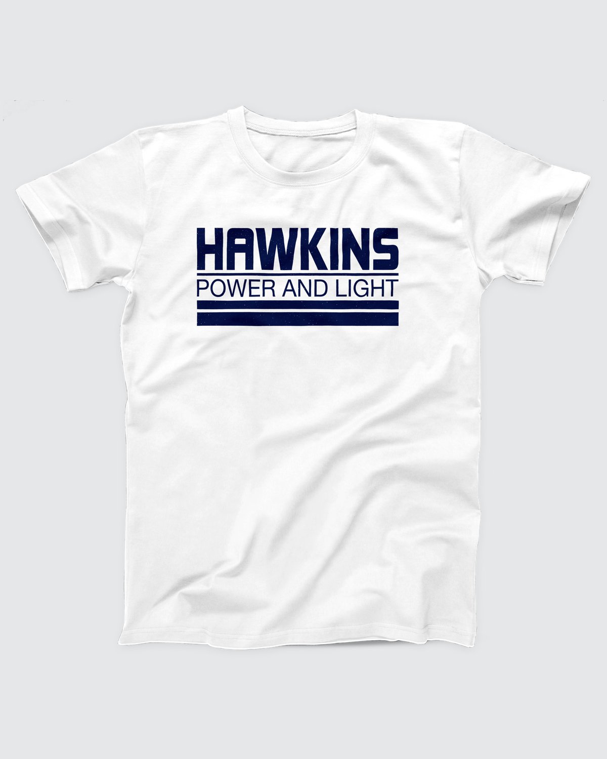 Hawkins Power and Light T-Shirt, flat lay on grey