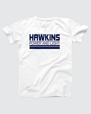Hawkins Power and Light T-Shirt, flat lay on grey