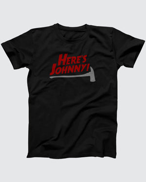 Here's Johnny T-Shirt, flat lay on grey