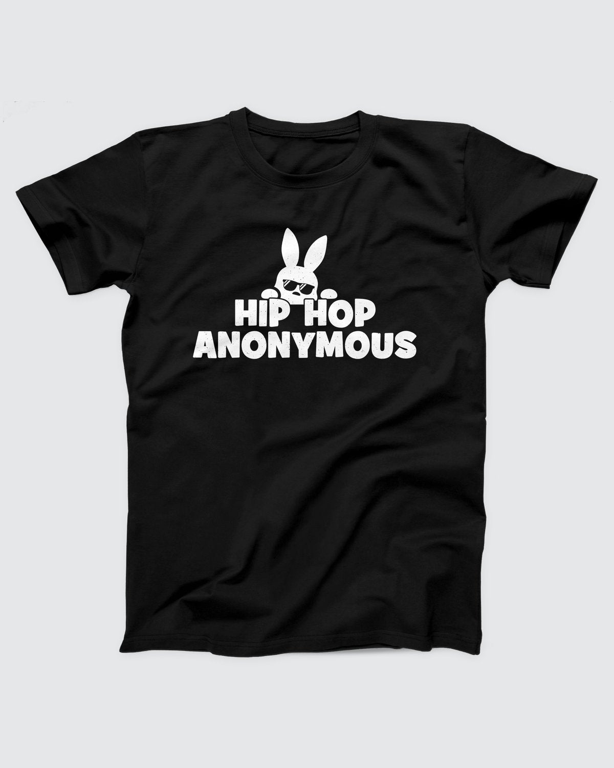 Hip Hop Anonymous Bunny T-Shirt, flat lay on grey