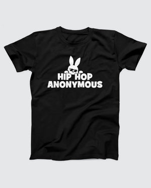 Hip Hop Anonymous Bunny T-Shirt, flat lay on grey